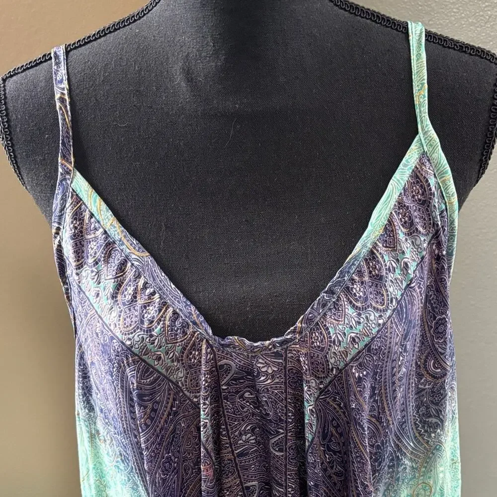 Flowy Bohemian Maxi Dress in Indigo & Mint with Gold Accents - Picture 2 of 7